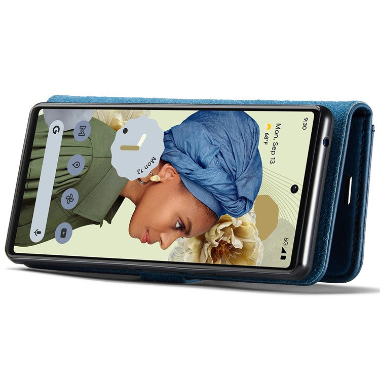 DG.MING Split Leather+TPU Inner Phone Case Wallet Magnetic Detachable 2-in-1 Phone Covering for Google Pixel 6 Pro - Blue