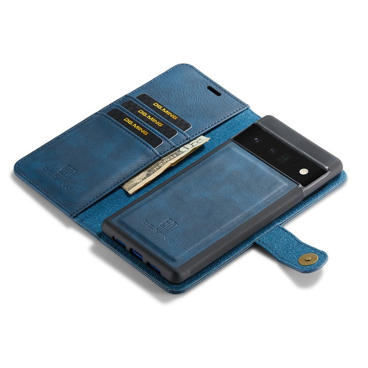 DG.MING Split Leather+TPU Inner Phone Case Wallet Magnetic Detachable 2-in-1 Phone Covering for Google Pixel 6 Pro - Blue