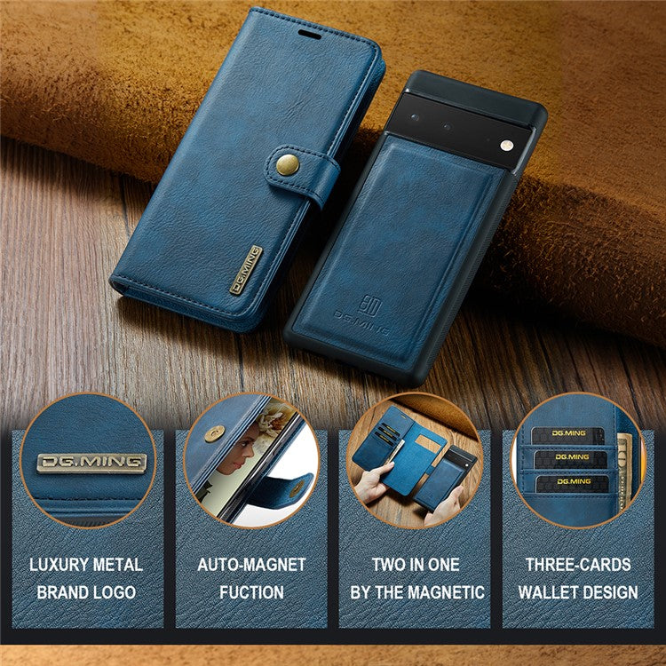 DG.MING Split Leather+TPU Inner Phone Case Wallet Magnetic Detachable 2-in-1 Phone Covering for Google Pixel 6 Pro - Blue
