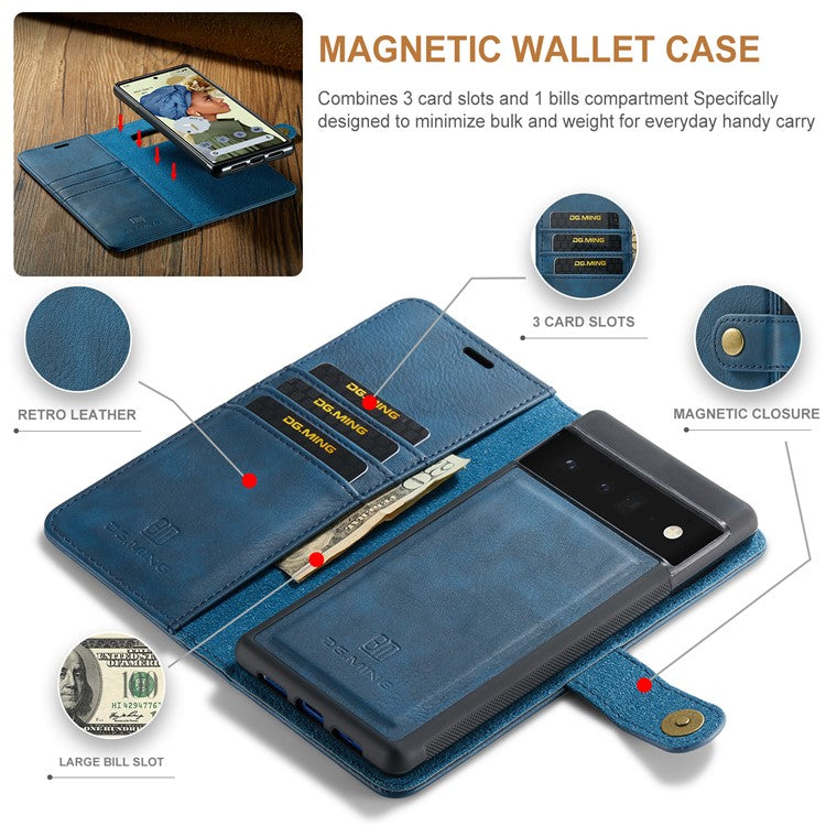 DG.MING Split Leather+TPU Inner Phone Case Wallet Magnetic Detachable 2-in-1 Phone Covering for Google Pixel 6 Pro - Blue