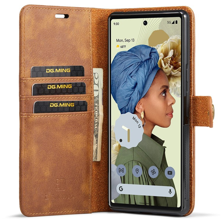DG.MING Split Leather+TPU Inner Phone Case Wallet Magnetic Detachable 2-in-1 Phone Covering for Google Pixel 6 Pro - Brown