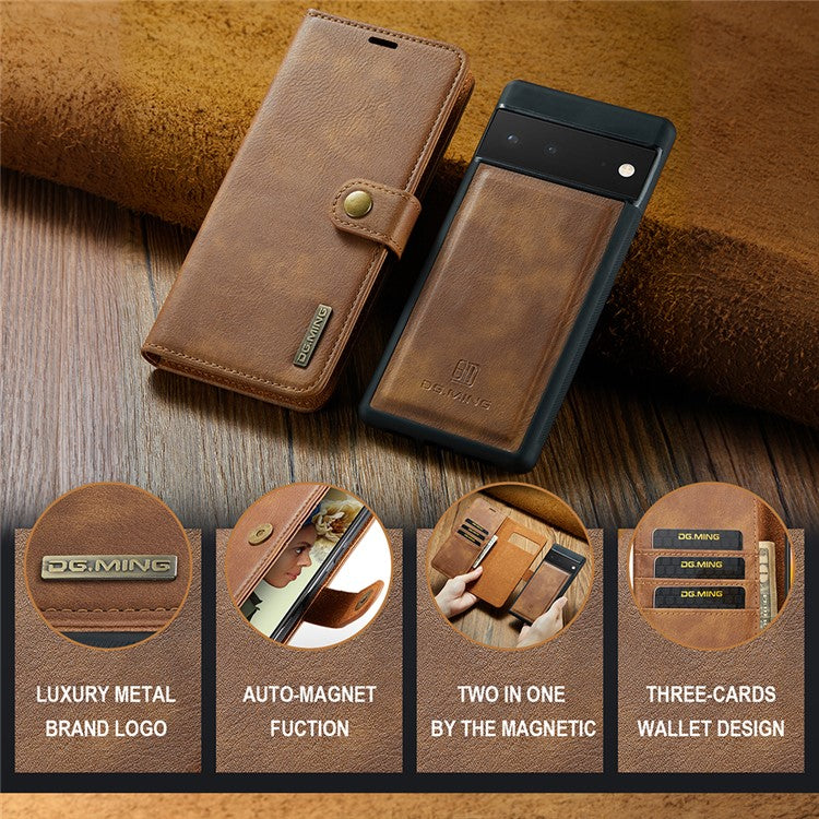 DG.MING Split Leather+TPU Inner Phone Case Wallet Magnetic Detachable 2-in-1 Phone Covering for Google Pixel 6 Pro - Brown