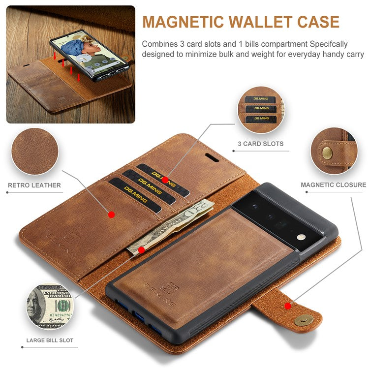 DG.MING Split Leather+TPU Inner Phone Case Wallet Magnetic Detachable 2-in-1 Phone Covering for Google Pixel 6 Pro - Brown