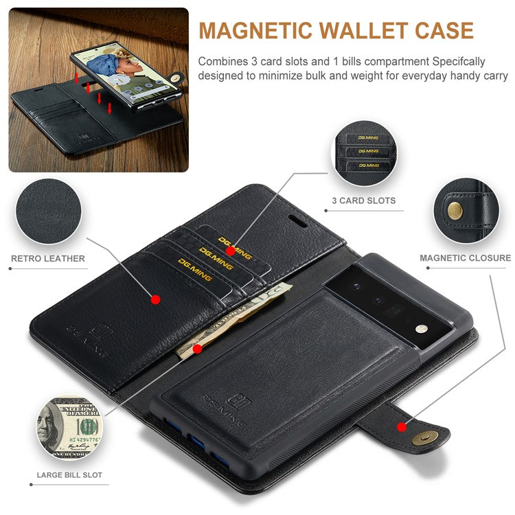DG.MING Split Leather+TPU Inner Phone Case Wallet Magnetic Detachable 2-in-1 Phone Covering for Google Pixel 6 Pro - Black