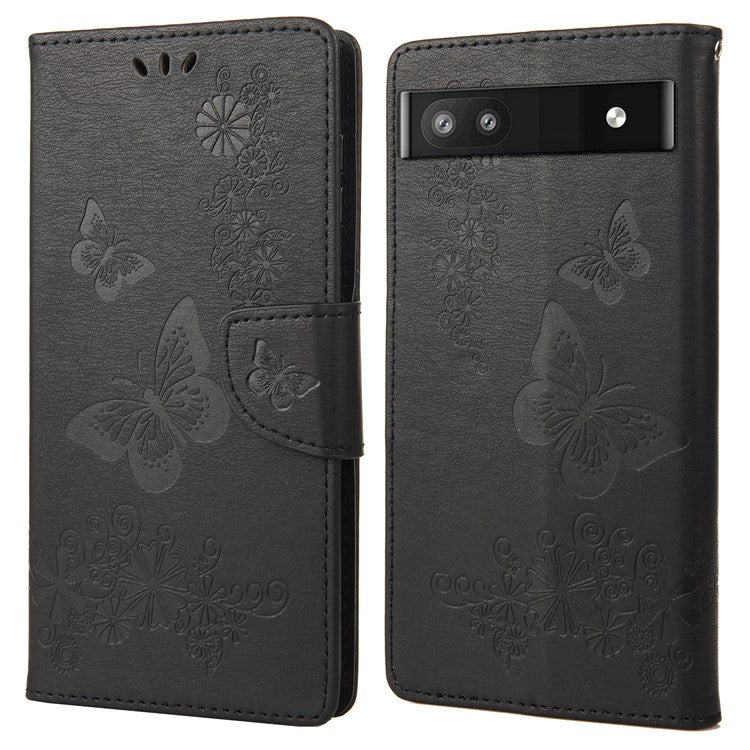 Anti-fingerprint Imprint Big Butterflies Leather Mobile Phone Case Stand Wallet Stand Covering for Google Pixel 6a - Black