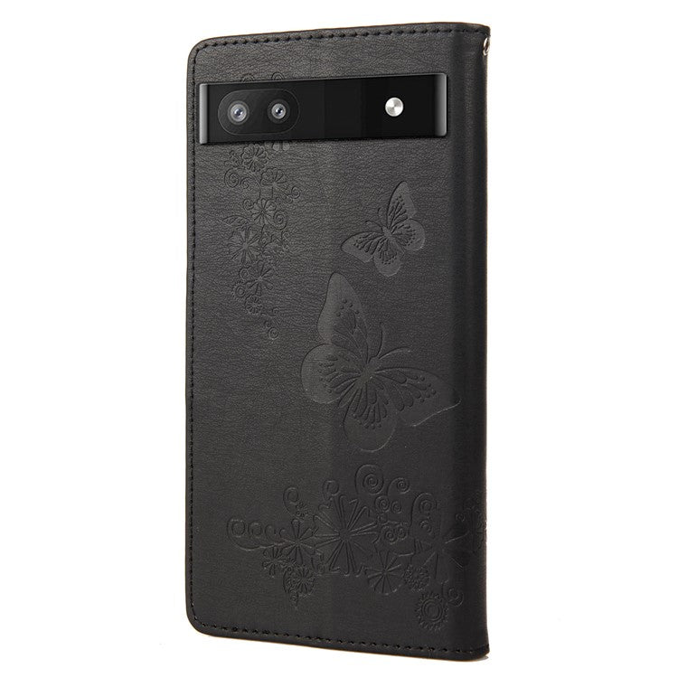 Anti-fingerprint Imprint Big Butterflies Leather Mobile Phone Case Stand Wallet Stand Covering for Google Pixel 6a - Black