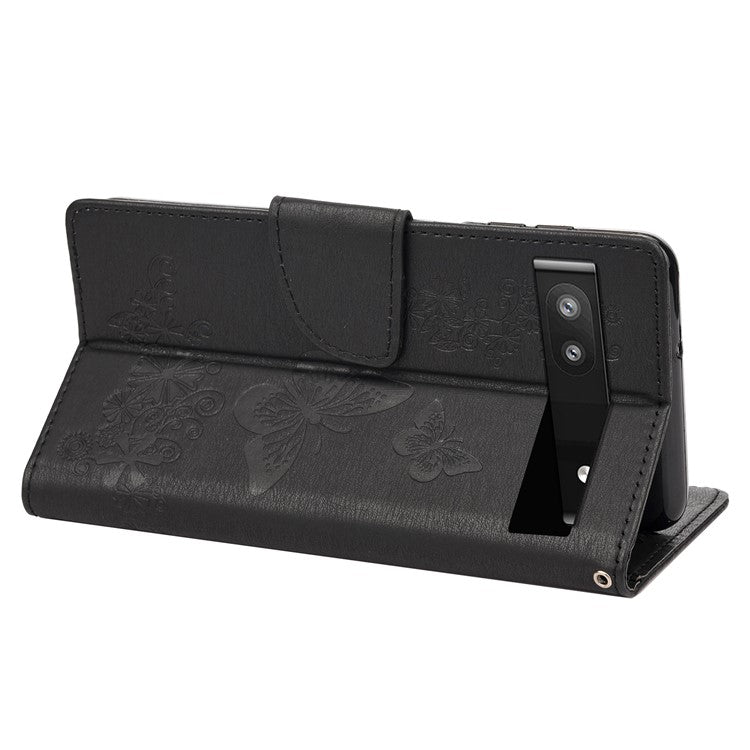 Anti-fingerprint Imprint Big Butterflies Leather Mobile Phone Case Stand Wallet Stand Covering for Google Pixel 6a - Black