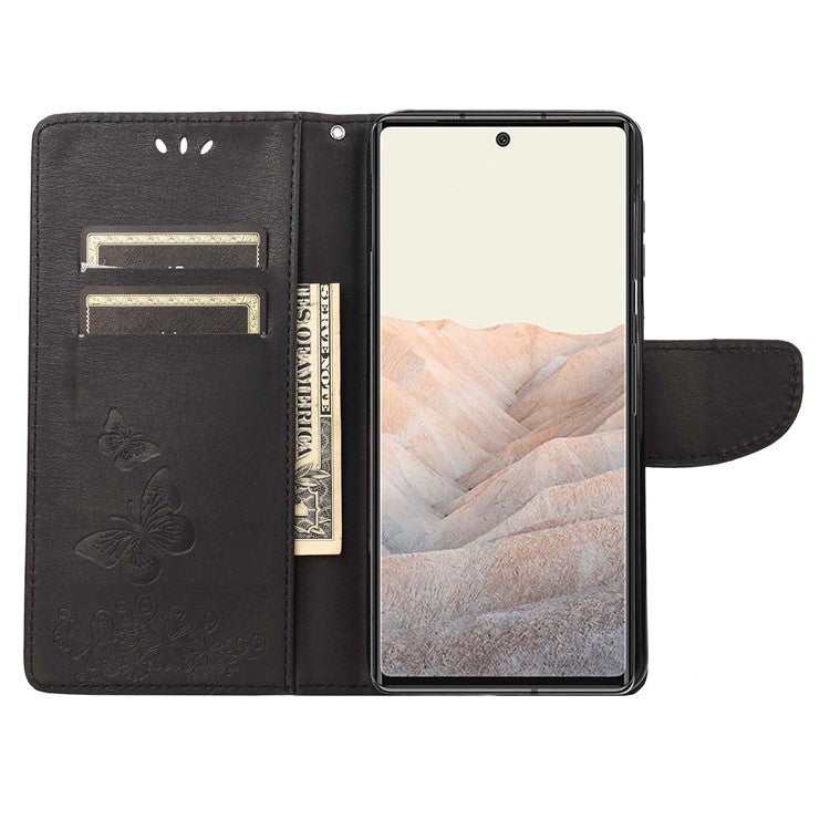 Anti-fingerprint Imprint Big Butterflies Leather Mobile Phone Case Stand Wallet Stand Covering for Google Pixel 6a - Black
