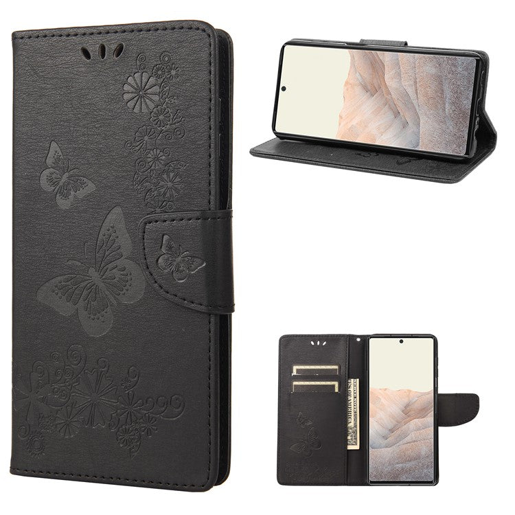 Anti-fingerprint Imprint Big Butterflies Leather Mobile Phone Case Stand Wallet Stand Covering for Google Pixel 6a - Black