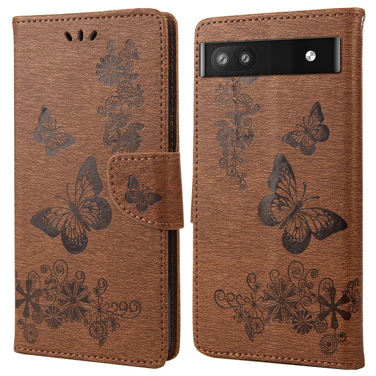 Anti-fingerprint Imprint Big Butterflies Leather Mobile Phone Case Stand Wallet Stand Covering for Google Pixel 6a - Brown