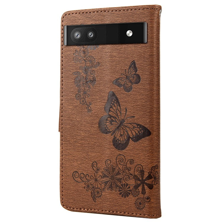 Anti-fingerprint Imprint Big Butterflies Leather Mobile Phone Case Stand Wallet Stand Covering for Google Pixel 6a - Brown