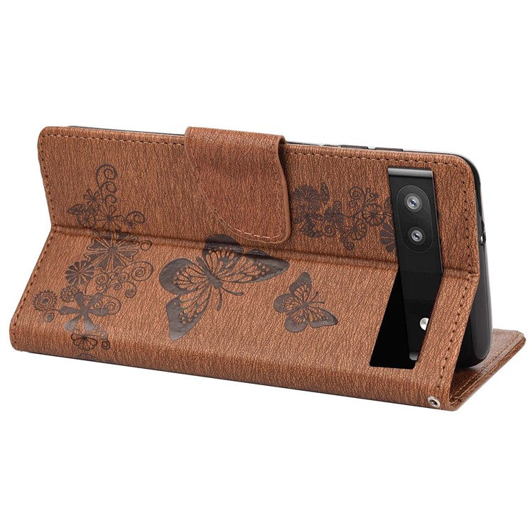 Anti-fingerprint Imprint Big Butterflies Leather Mobile Phone Case Stand Wallet Stand Covering for Google Pixel 6a - Brown