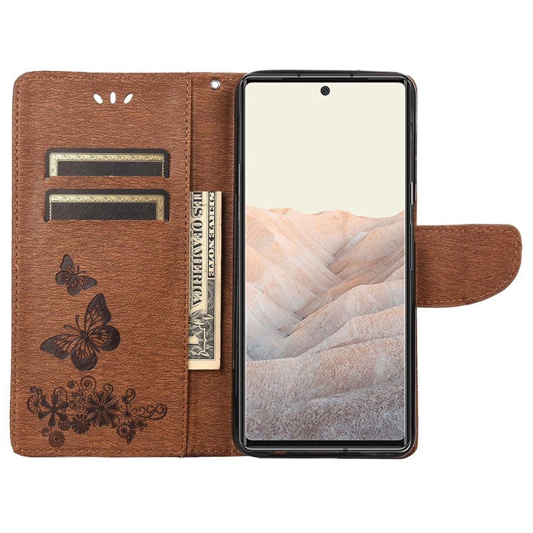 Anti-fingerprint Imprint Big Butterflies Leather Mobile Phone Case Stand Wallet Stand Covering for Google Pixel 6a - Brown