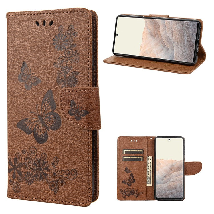 Anti-fingerprint Imprint Big Butterflies Leather Mobile Phone Case Stand Wallet Stand Covering for Google Pixel 6a - Brown