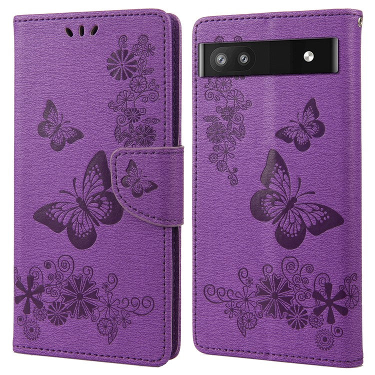Anti-fingerprint Imprint Big Butterflies Leather Mobile Phone Case Stand Wallet Stand Covering for Google Pixel 6a - Purple