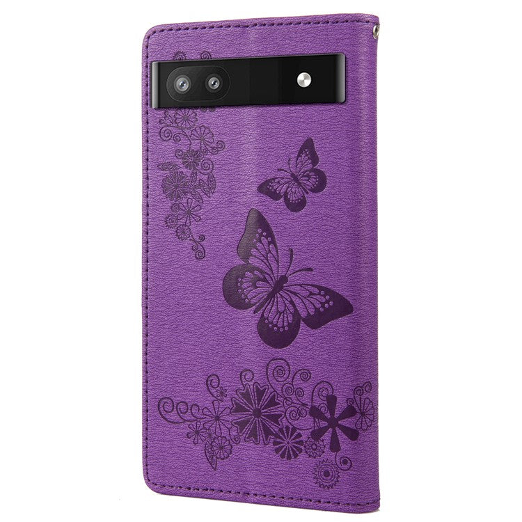 Anti-fingerprint Imprint Big Butterflies Leather Mobile Phone Case Stand Wallet Stand Covering for Google Pixel 6a - Purple