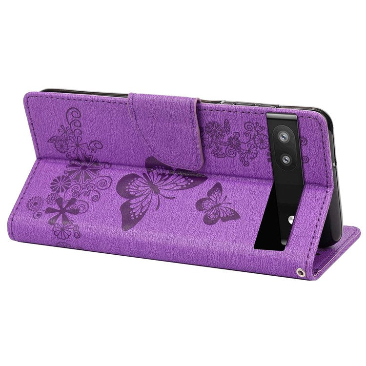 Anti-fingerprint Imprint Big Butterflies Leather Mobile Phone Case Stand Wallet Stand Covering for Google Pixel 6a - Purple