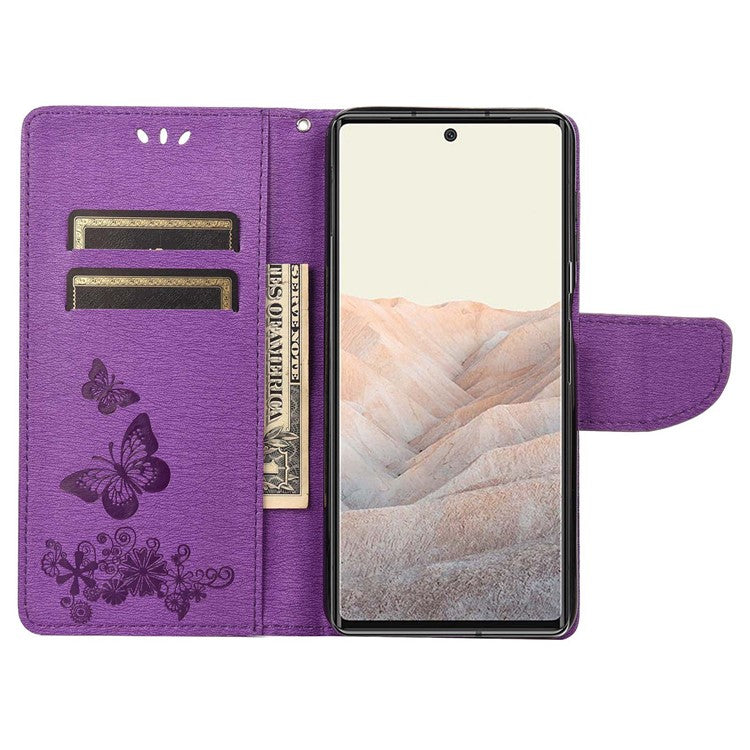 Anti-fingerprint Imprint Big Butterflies Leather Mobile Phone Case Stand Wallet Stand Covering for Google Pixel 6a - Purple