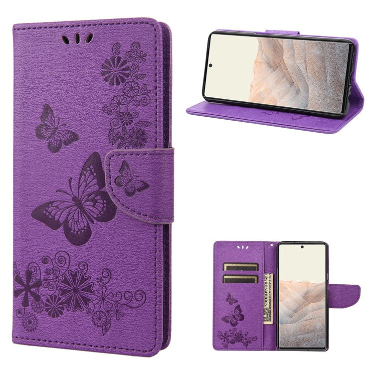 Anti-fingerprint Imprint Big Butterflies Leather Mobile Phone Case Stand Wallet Stand Covering for Google Pixel 6a - Purple