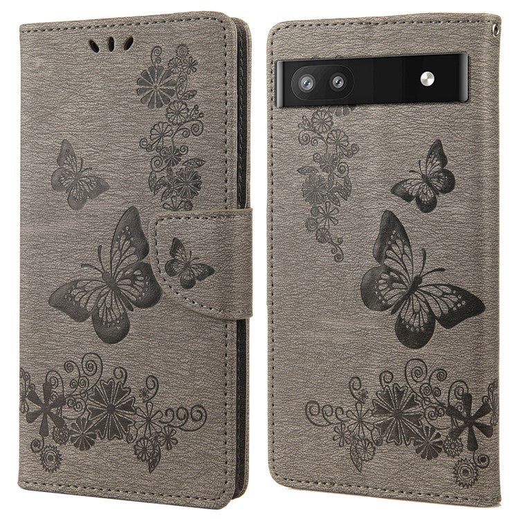 Anti-fingerprint Imprint Big Butterflies Leather Mobile Phone Case Stand Wallet Stand Covering for Google Pixel 6a - Grey