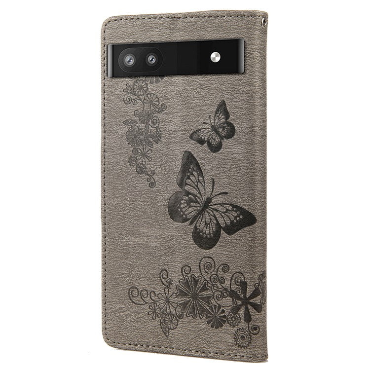 Anti-fingerprint Imprint Big Butterflies Leather Mobile Phone Case Stand Wallet Stand Covering for Google Pixel 6a - Grey