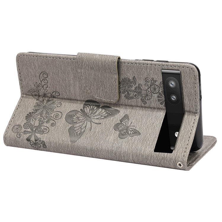 Anti-fingerprint Imprint Big Butterflies Leather Mobile Phone Case Stand Wallet Stand Covering for Google Pixel 6a - Grey