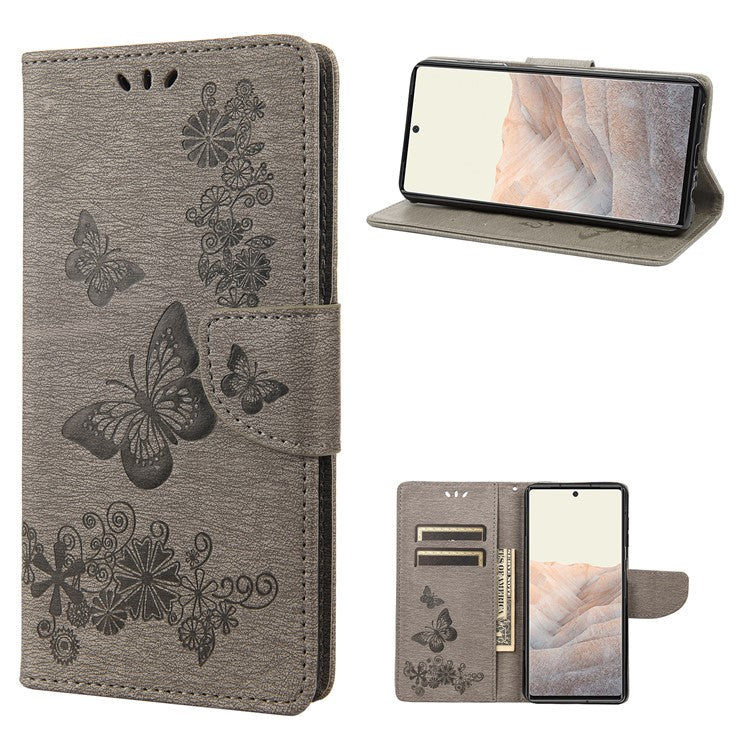 Anti-fingerprint Imprint Big Butterflies Leather Mobile Phone Case Stand Wallet Stand Covering for Google Pixel 6a - Grey