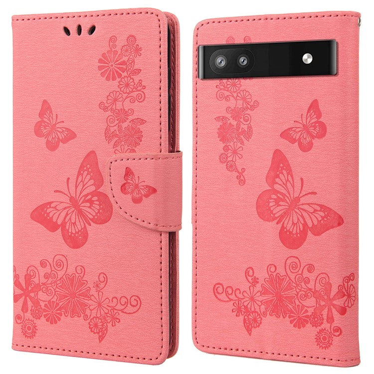 Anti-fingerprint Imprint Big Butterflies Leather Mobile Phone Case Stand Wallet Stand Covering for Google Pixel 6a - Pink
