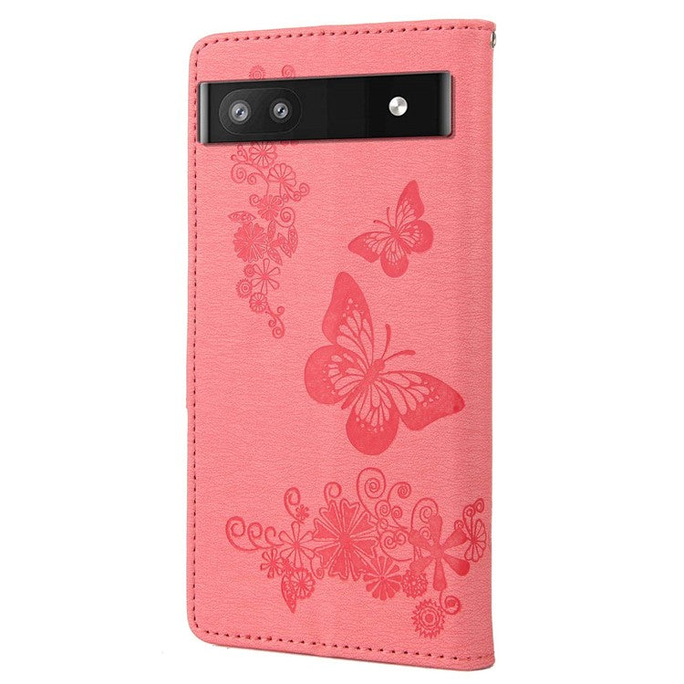 Anti-fingerprint Imprint Big Butterflies Leather Mobile Phone Case Stand Wallet Stand Covering for Google Pixel 6a - Pink