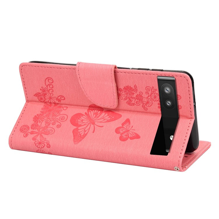 Anti-fingerprint Imprint Big Butterflies Leather Mobile Phone Case Stand Wallet Stand Covering for Google Pixel 6a - Pink