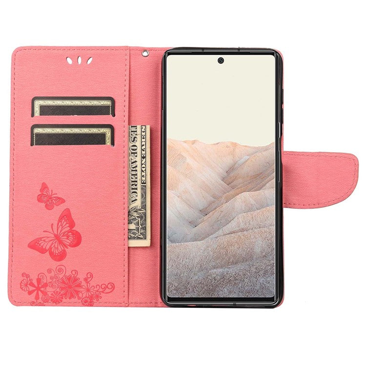 Anti-fingerprint Imprint Big Butterflies Leather Mobile Phone Case Stand Wallet Stand Covering for Google Pixel 6a - Pink
