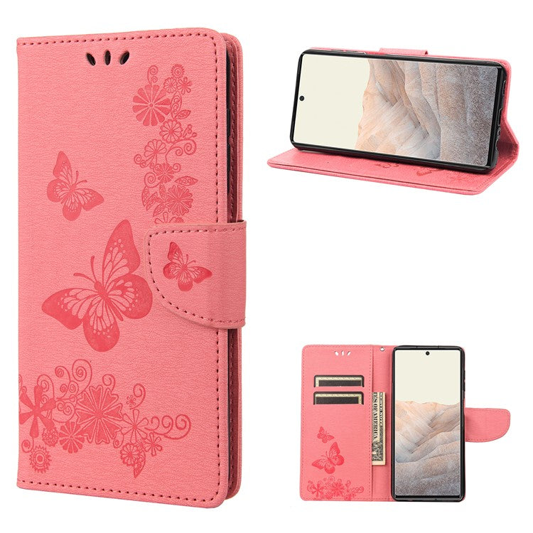 Anti-fingerprint Imprint Big Butterflies Leather Mobile Phone Case Stand Wallet Stand Covering for Google Pixel 6a - Pink