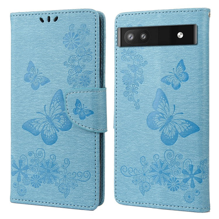 Anti-fingerprint Imprint Big Butterflies Leather Mobile Phone Case Stand Wallet Stand Covering for Google Pixel 6a - Blue
