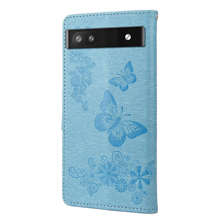 Anti-fingerprint Imprint Big Butterflies Leather Mobile Phone Case Stand Wallet Stand Covering for Google Pixel 6a - Blue