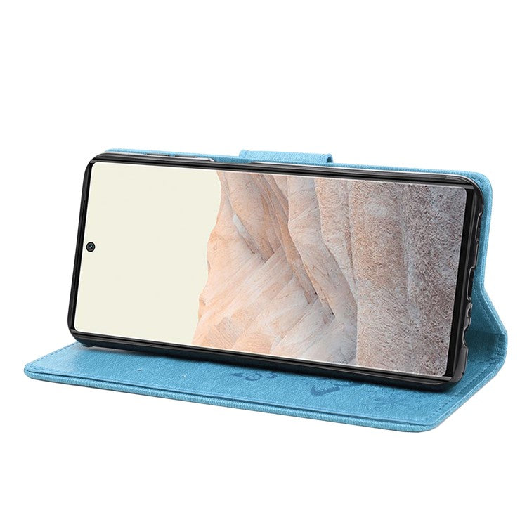 Anti-fingerprint Imprint Big Butterflies Leather Mobile Phone Case Stand Wallet Stand Covering for Google Pixel 6a - Blue