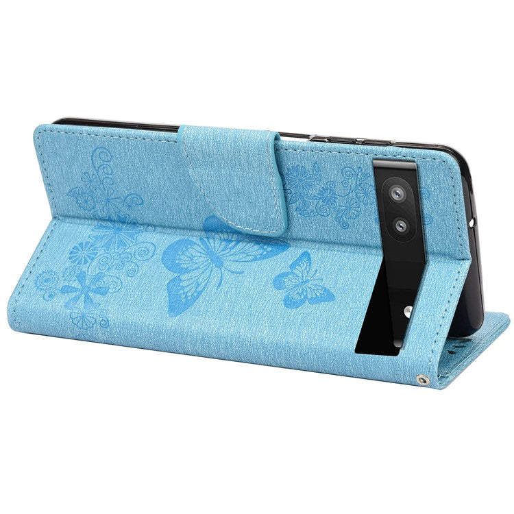 Anti-fingerprint Imprint Big Butterflies Leather Mobile Phone Case Stand Wallet Stand Covering for Google Pixel 6a - Blue