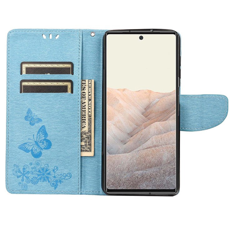 Anti-fingerprint Imprint Big Butterflies Leather Mobile Phone Case Stand Wallet Stand Covering for Google Pixel 6a - Blue