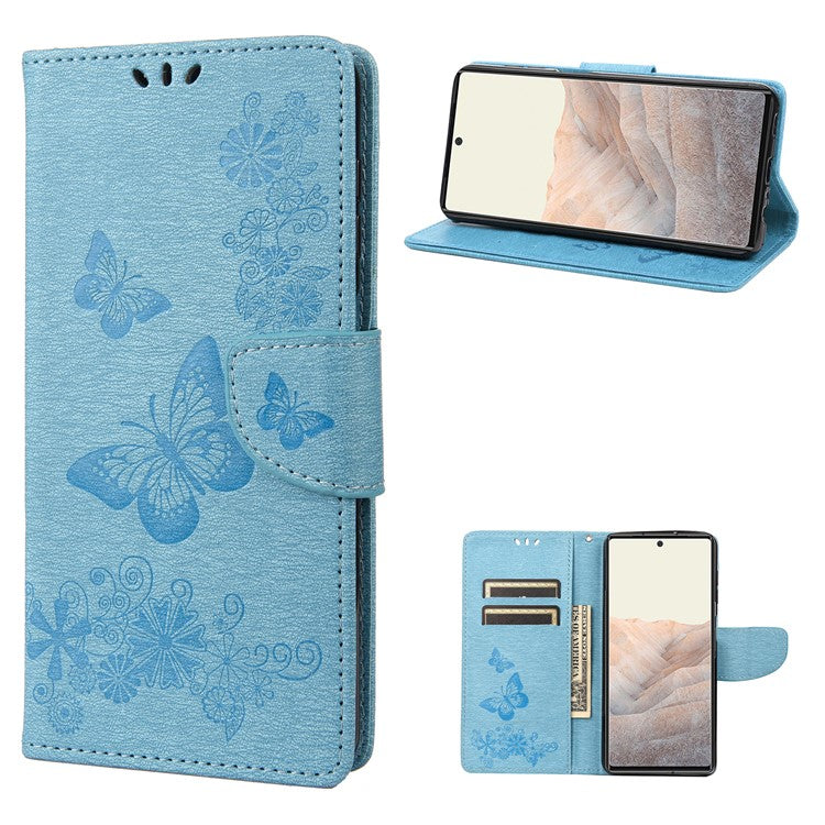 Anti-fingerprint Imprint Big Butterflies Leather Mobile Phone Case Stand Wallet Stand Covering for Google Pixel 6a - Blue