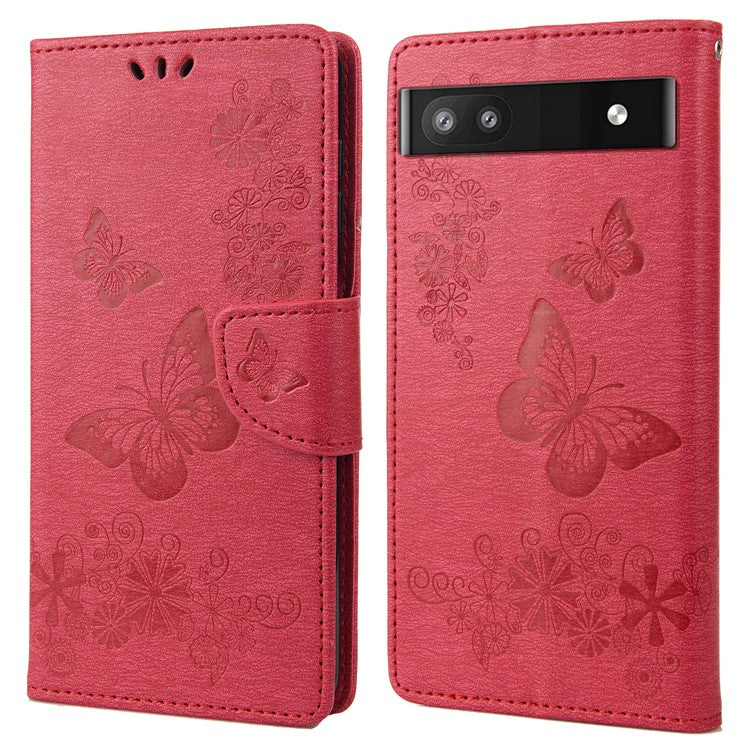 Anti-fingerprint Imprint Big Butterflies Leather Mobile Phone Case Stand Wallet Stand Covering for Google Pixel 6a - Red