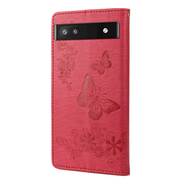 Anti-fingerprint Imprint Big Butterflies Leather Mobile Phone Case Stand Wallet Stand Covering for Google Pixel 6a - Red