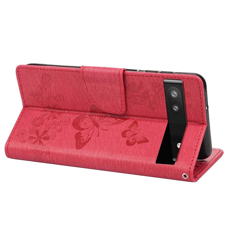 Anti-fingerprint Imprint Big Butterflies Leather Mobile Phone Case Stand Wallet Stand Covering for Google Pixel 6a - Red