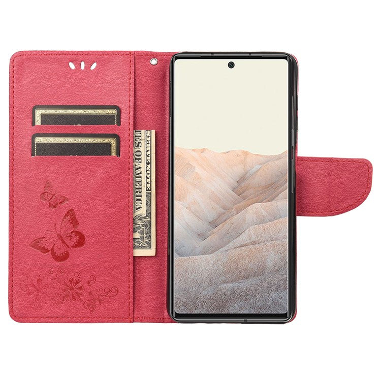 Anti-fingerprint Imprint Big Butterflies Leather Mobile Phone Case Stand Wallet Stand Covering for Google Pixel 6a - Red
