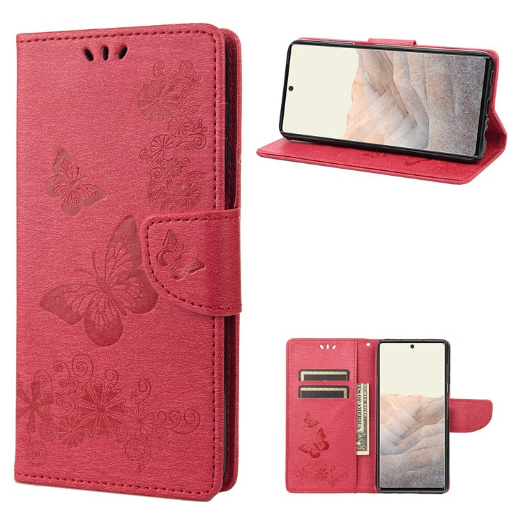Anti-fingerprint Imprint Big Butterflies Leather Mobile Phone Case Stand Wallet Stand Covering for Google Pixel 6a - Red