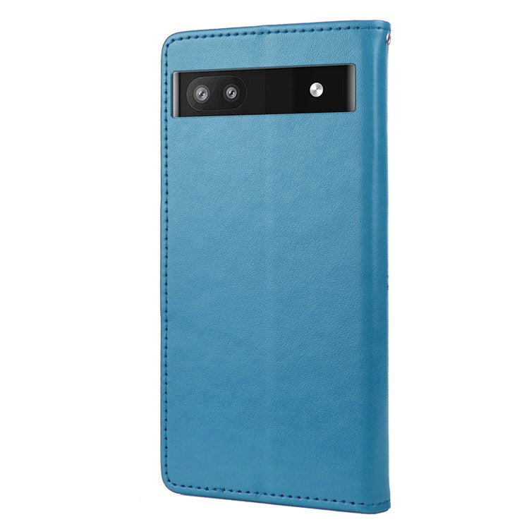 Stylish Imprint Butterflies Leather Phone Case Practical Wallet Stand Covering for Google Pixel 6a - Blue
