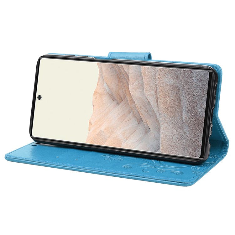 Stylish Imprint Butterflies Leather Phone Case Practical Wallet Stand Covering for Google Pixel 6a - Blue