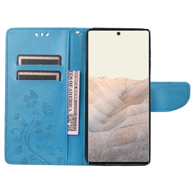 Stylish Imprint Butterflies Leather Phone Case Practical Wallet Stand Covering for Google Pixel 6a - Blue