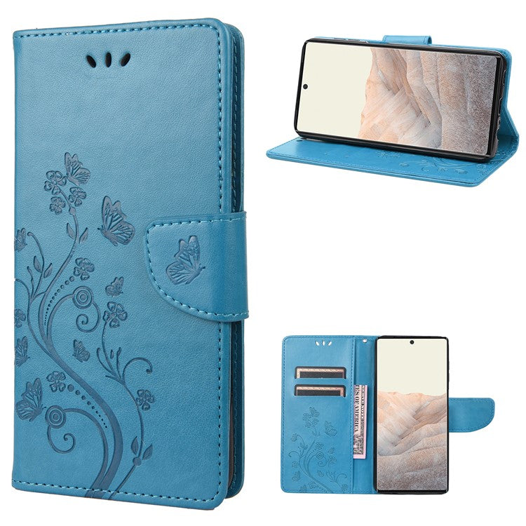 Stylish Imprint Butterflies Leather Phone Case Practical Wallet Stand Covering for Google Pixel 6a - Blue