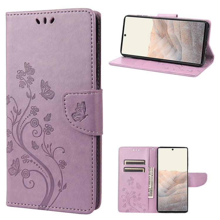 Stylish Imprint Butterflies Leather Phone Case Practical Wallet Stand Covering for Google Pixel 6a - Light Purple