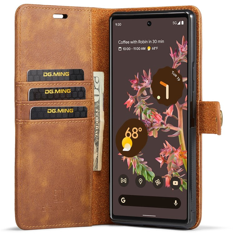 DG.MING Split Leather Cover Wallet Stand Design Detachable Magnetic Absorption Phone Case for Google Pixel 6 - Brown