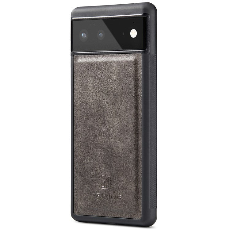DG.MING Split Leather Cover Wallet Stand Design Detachable Magnetic Absorption Phone Case for Google Pixel 6 - Grey